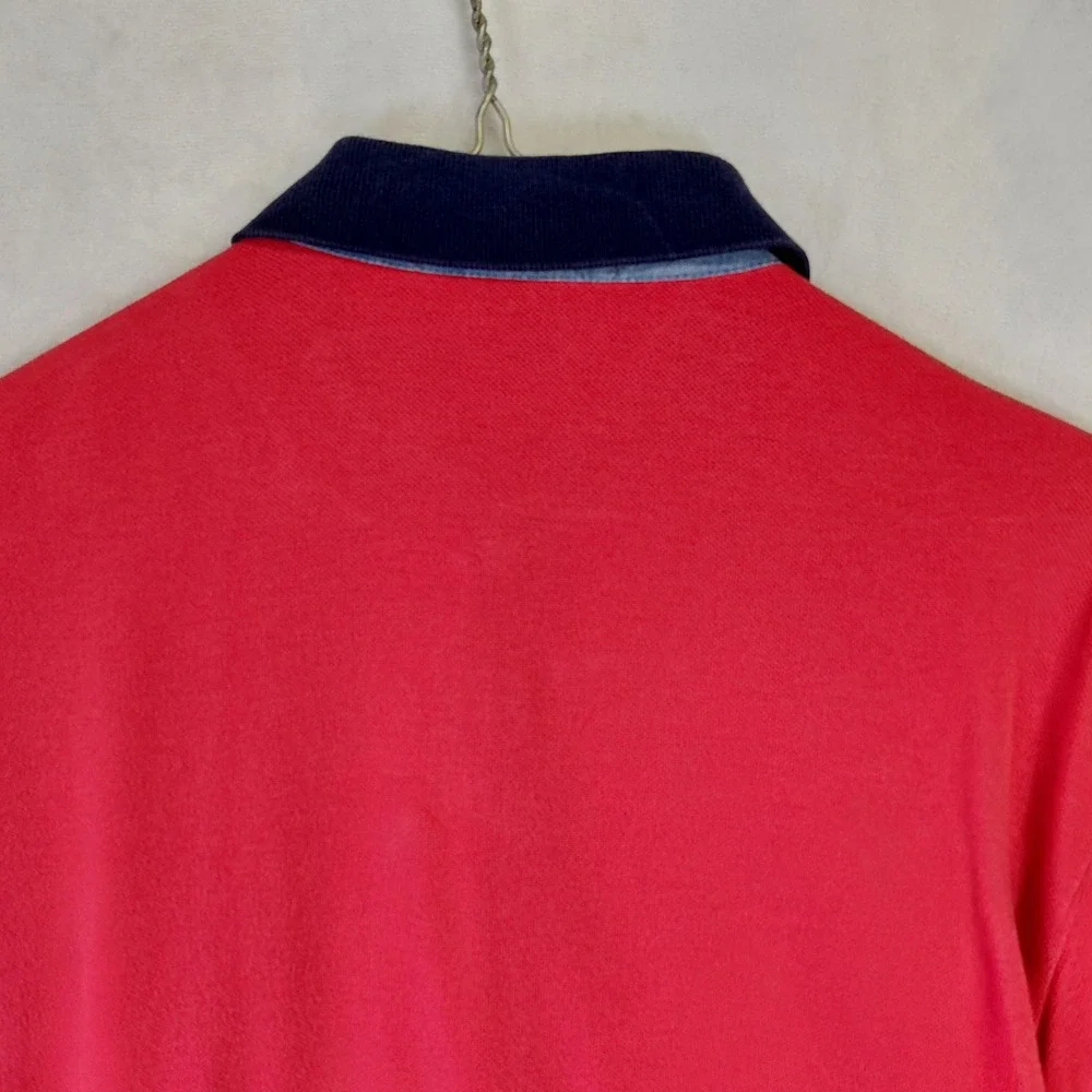 Polo Ralph Lauren Mens Large Red Navy Blue Contrast Collar Pique Polo Shirt